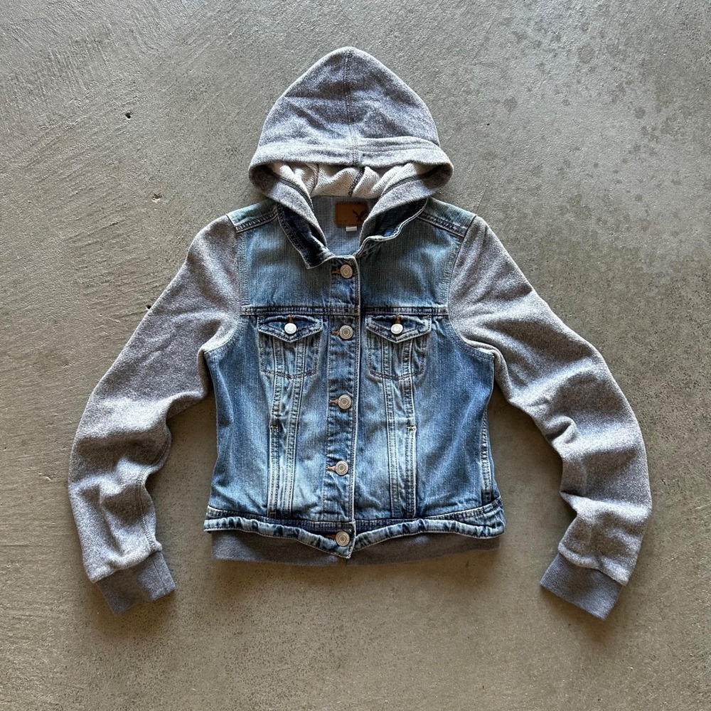 Vintage American Eagle Denim Jacket Womens Small Y2K Knit Sleeve Hooded Babydoll